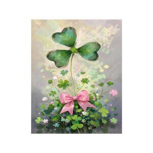 Lucky Shamrocks and Pink Bow Unframed Canvas Wall Art  16" X 20"